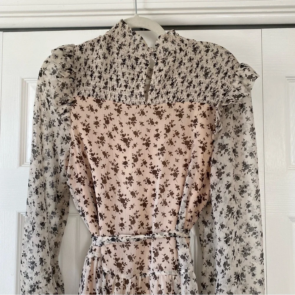 English Factory | Brown Floral Smocked High‑Neck Midi Prairie Cottagecore Dress